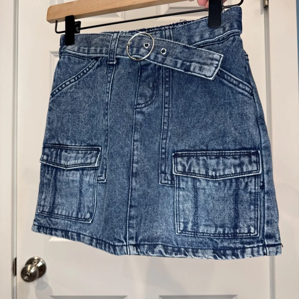 Justice Girls Denim Cargo Skort Acid Wash Blue Belted Mini Skirt Size 10